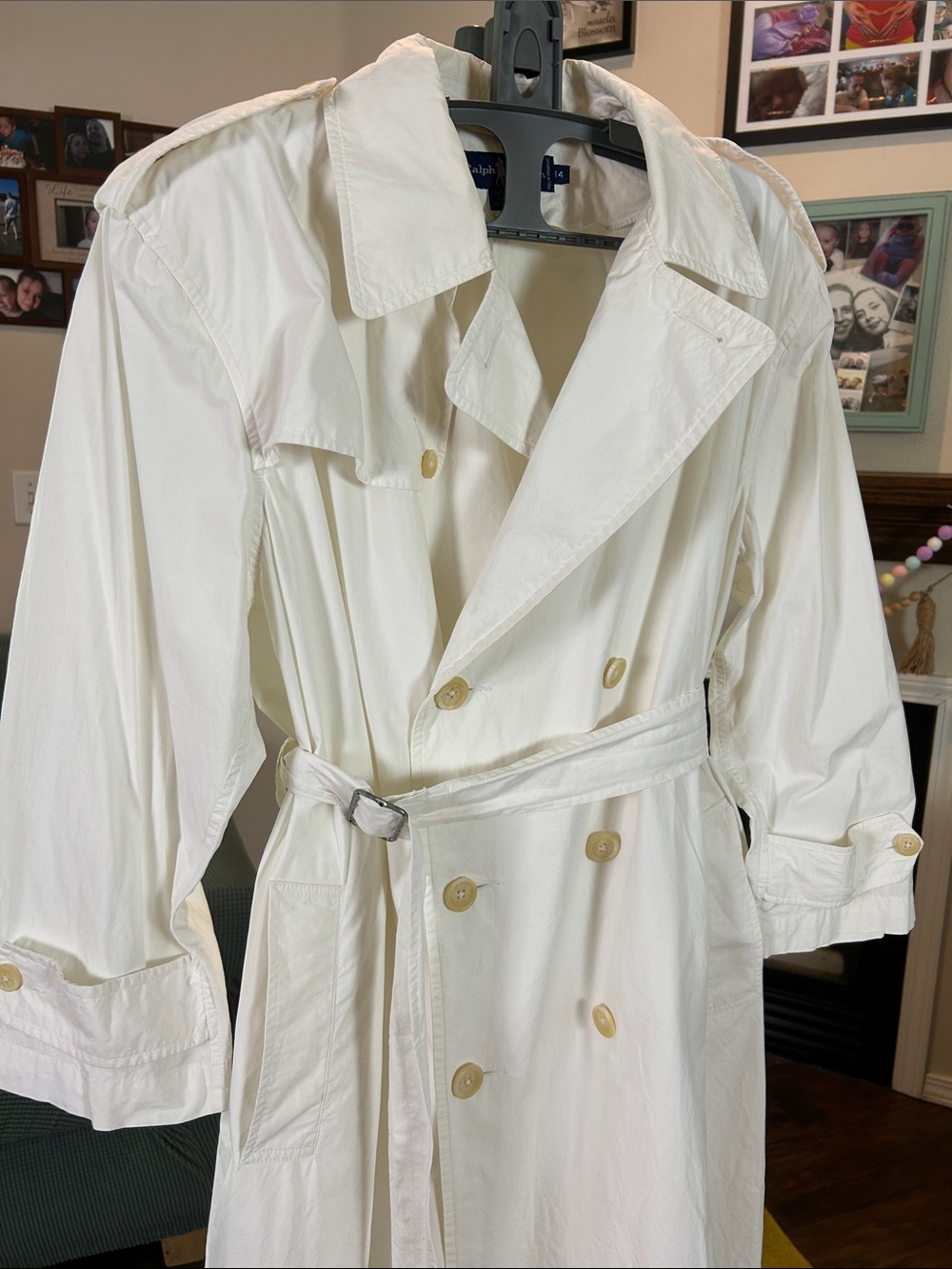Ralph Lauren Blue Label Double Breasted White Vintage Cotton Trench Coat Size 14 - Picture 12 of 17